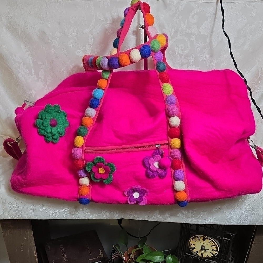 Vibrant Pink Wool Large Dufflr Bag with Multicolor Flower And Pom Pom Accents